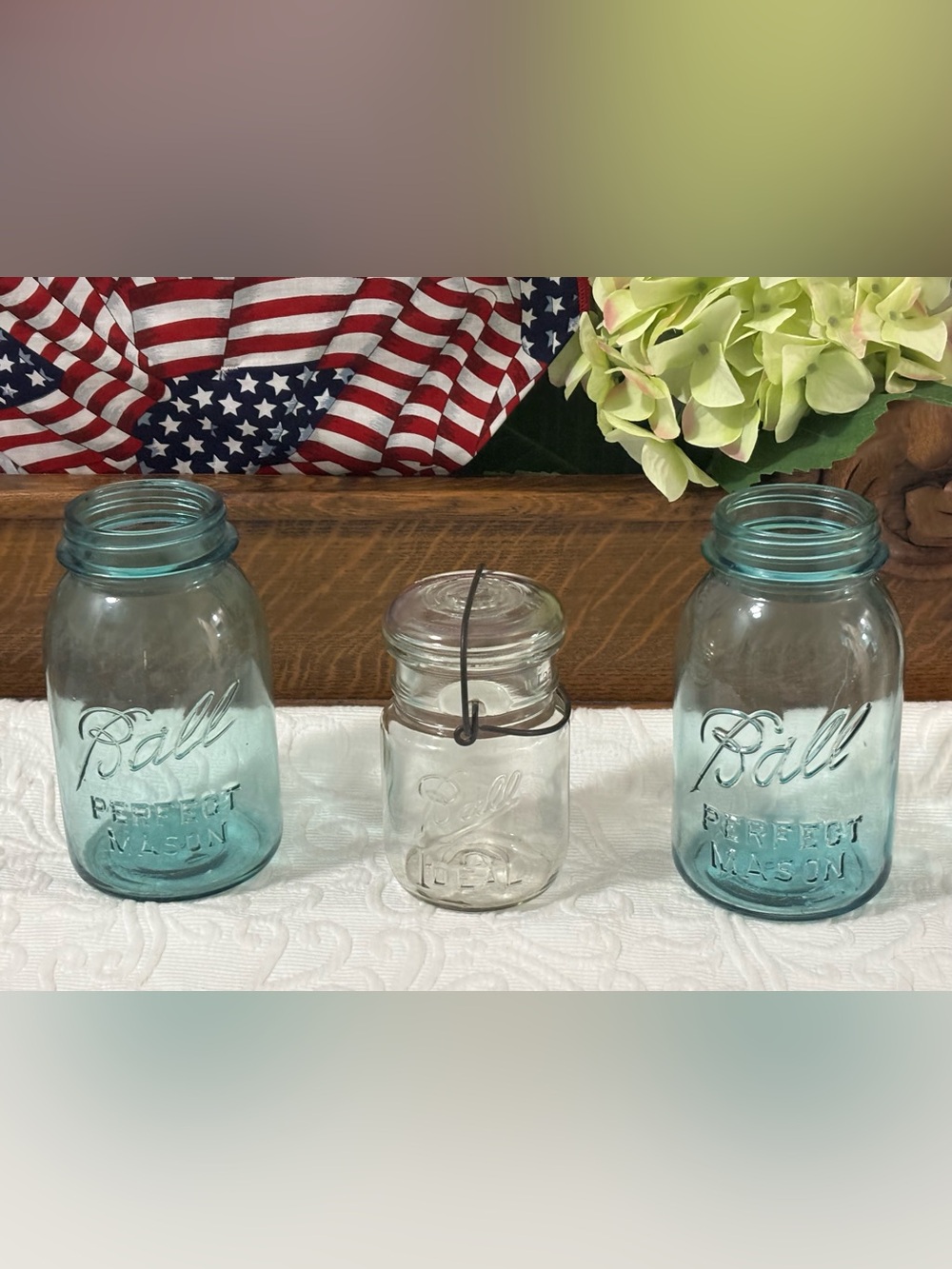 3 Vintage Mason Jars (2 Blue & 1 Clear)